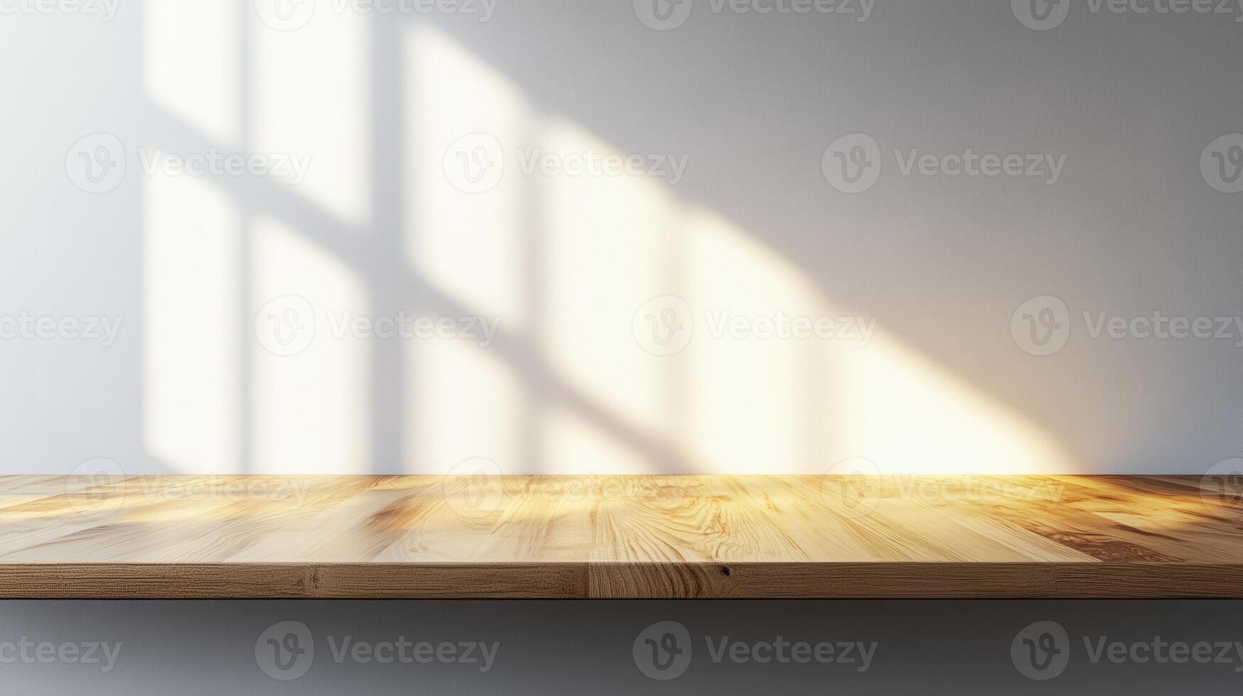 Empty wooden table top and window shadow on white wall in modern room, product display backdrop photo