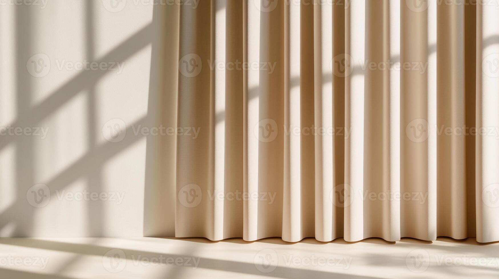 Soft sunlight filtering through sheer curtain, casting gentle shadows on beige wall, embodying minimalist serene interior design photo