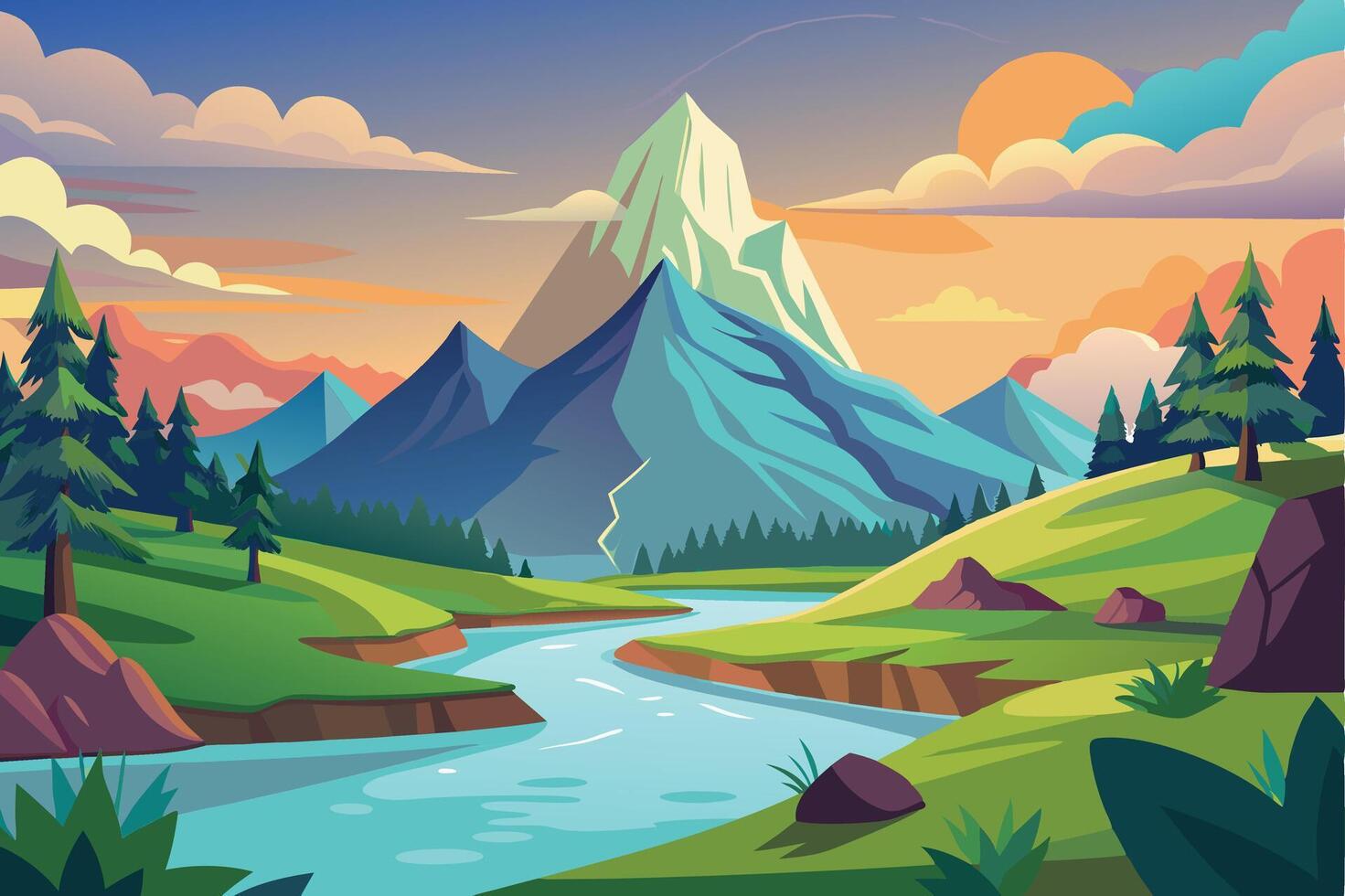 illustration of a mountain landscape with a river and trees vector