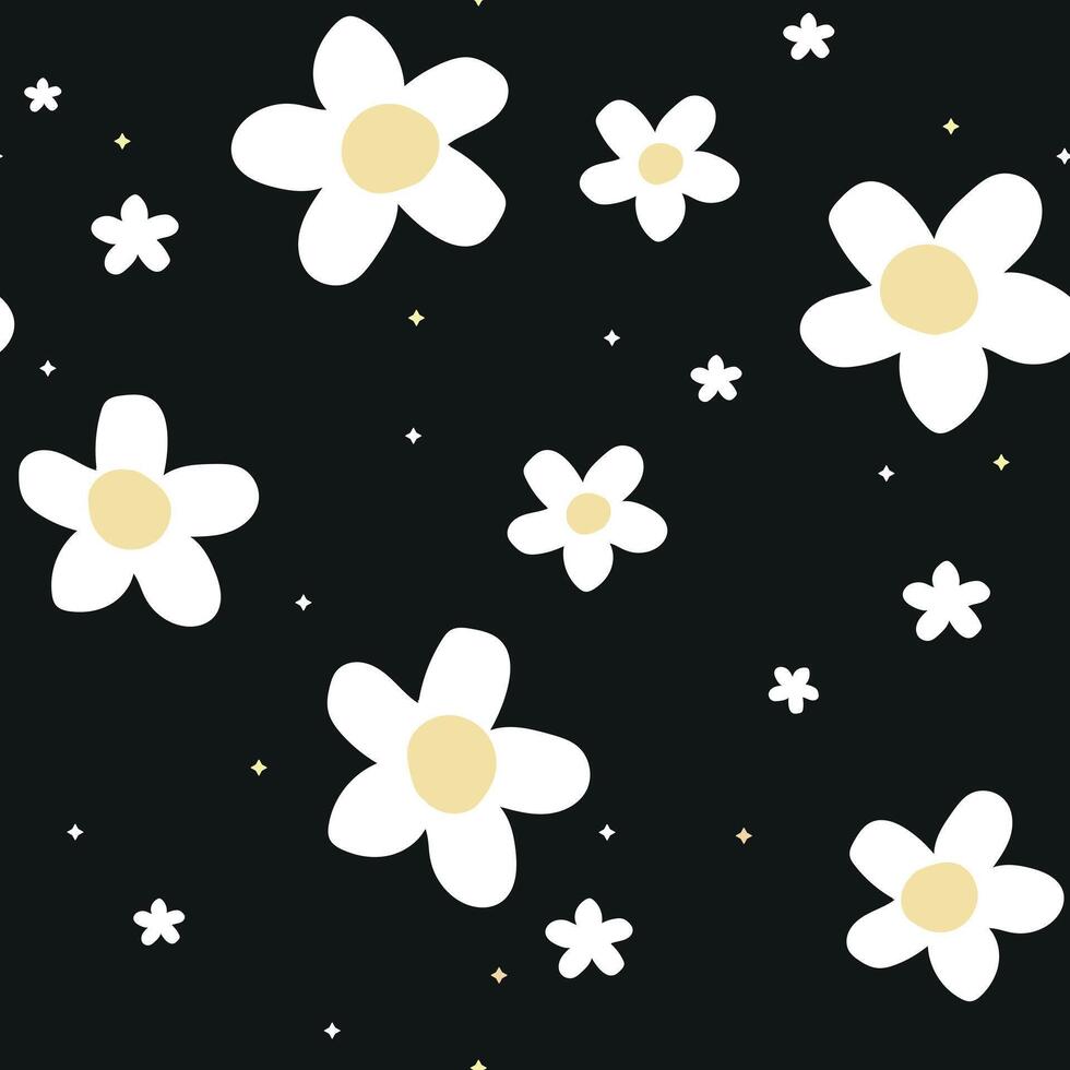 Daisies and circles seamless fabric design pattern black background vector