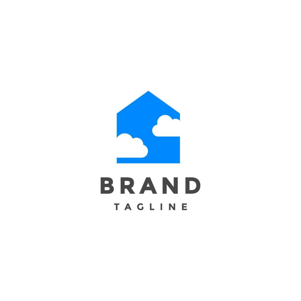 Blue Sky Cloudy House Logo Design. Simple House Icon With Cloud Motif Logo Design. vector