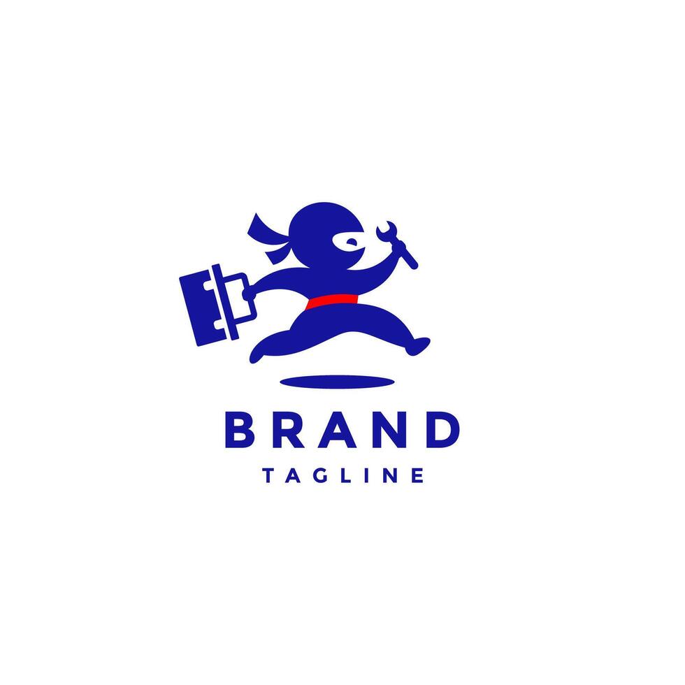 Fun Blue Ninja Worker Run Logo Design. Mechanical Ninja Running Carrying Tools Character Logo Design. vector