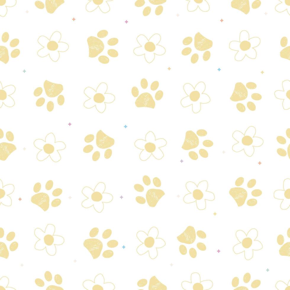 Daisies and paw prints with stars. Seamless fabric design pattern vector