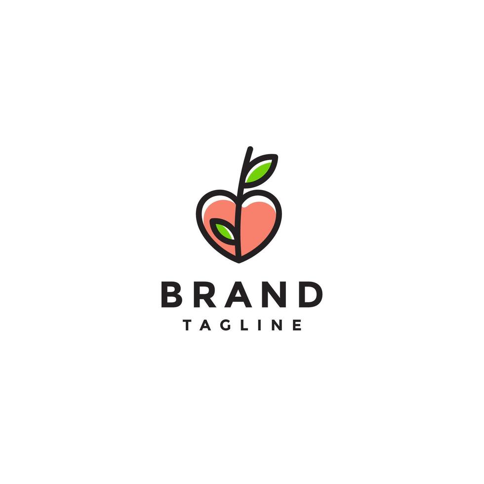 Leafy Heart Peach Fruit Logo Design. Heart shaped Peach Fruit With Leaf Stalk Logo Design. vector