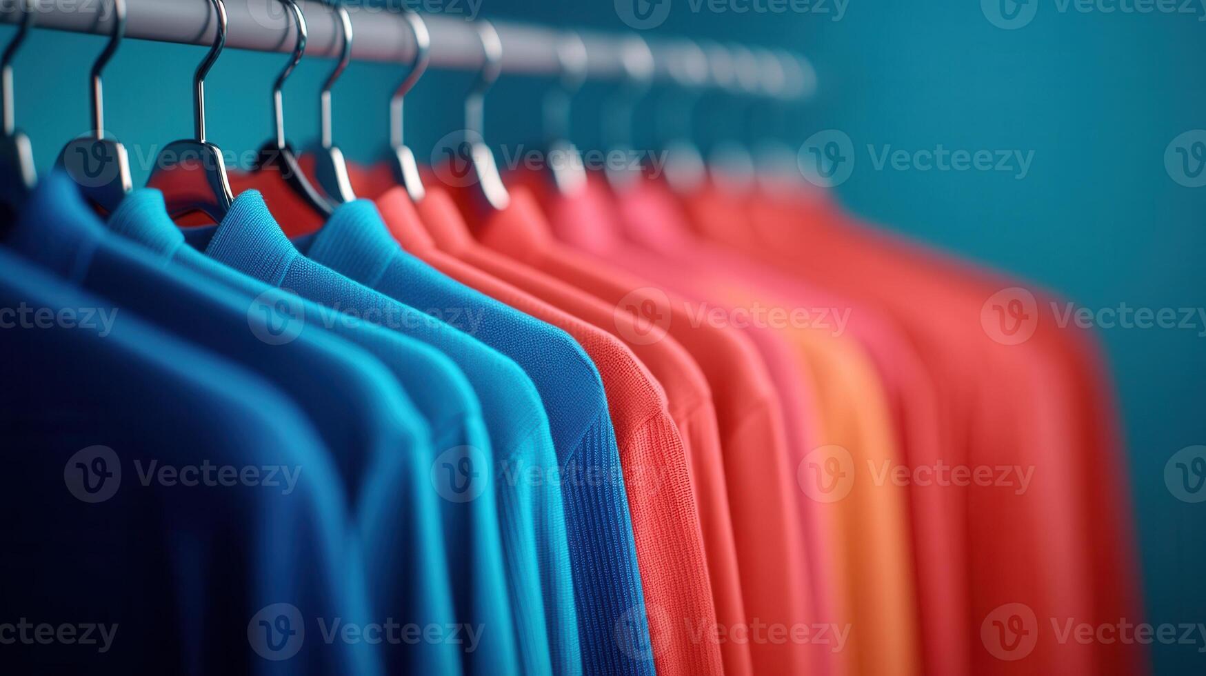 Red, blue and yellow clothes hanging display a rack and a fashion in creating a vibrant boutique, stylish on photo