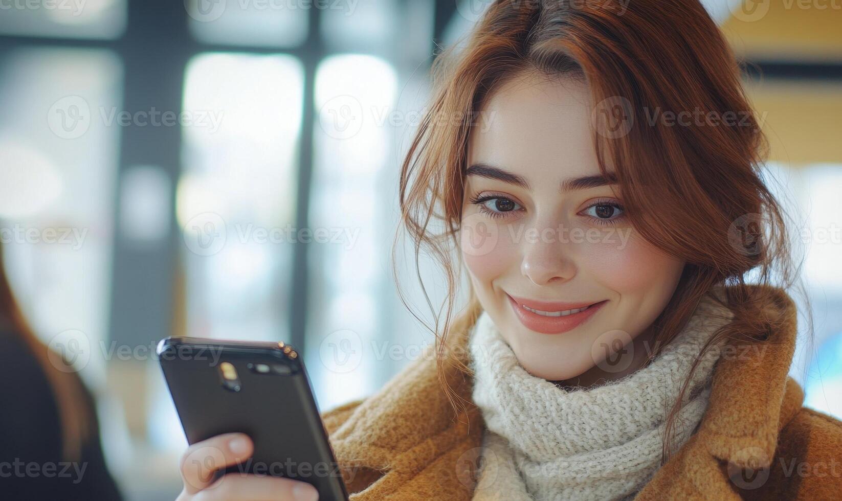 Professional redhead smiling, working on mobile smartphone in contemporary and embodying corporate workspace, communication productivity photo