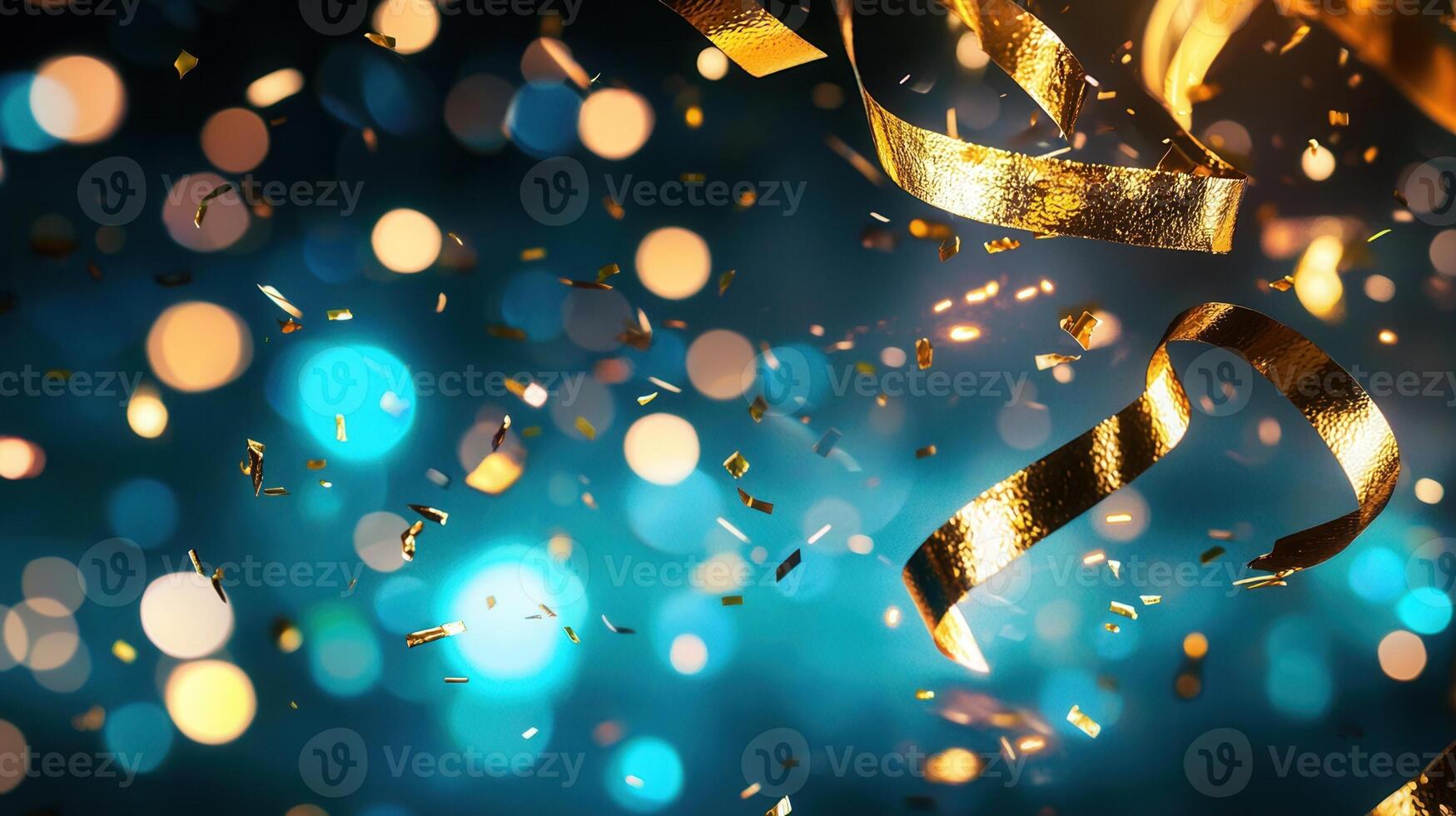 Sparkling golden confetti ribbons down, celebrating swirling against blurred festive backdrop, raining joyful moment photo