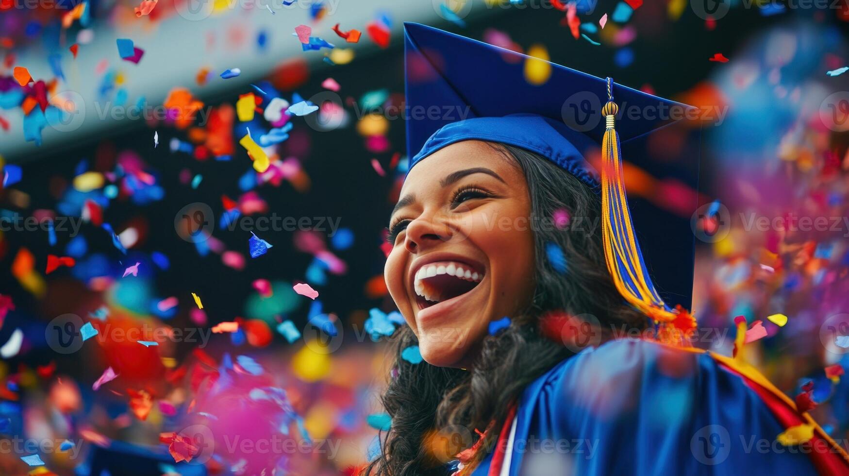 Graduate laughs with joy as colorful confetti rains down, celebrating academic achievement and a bright future photo