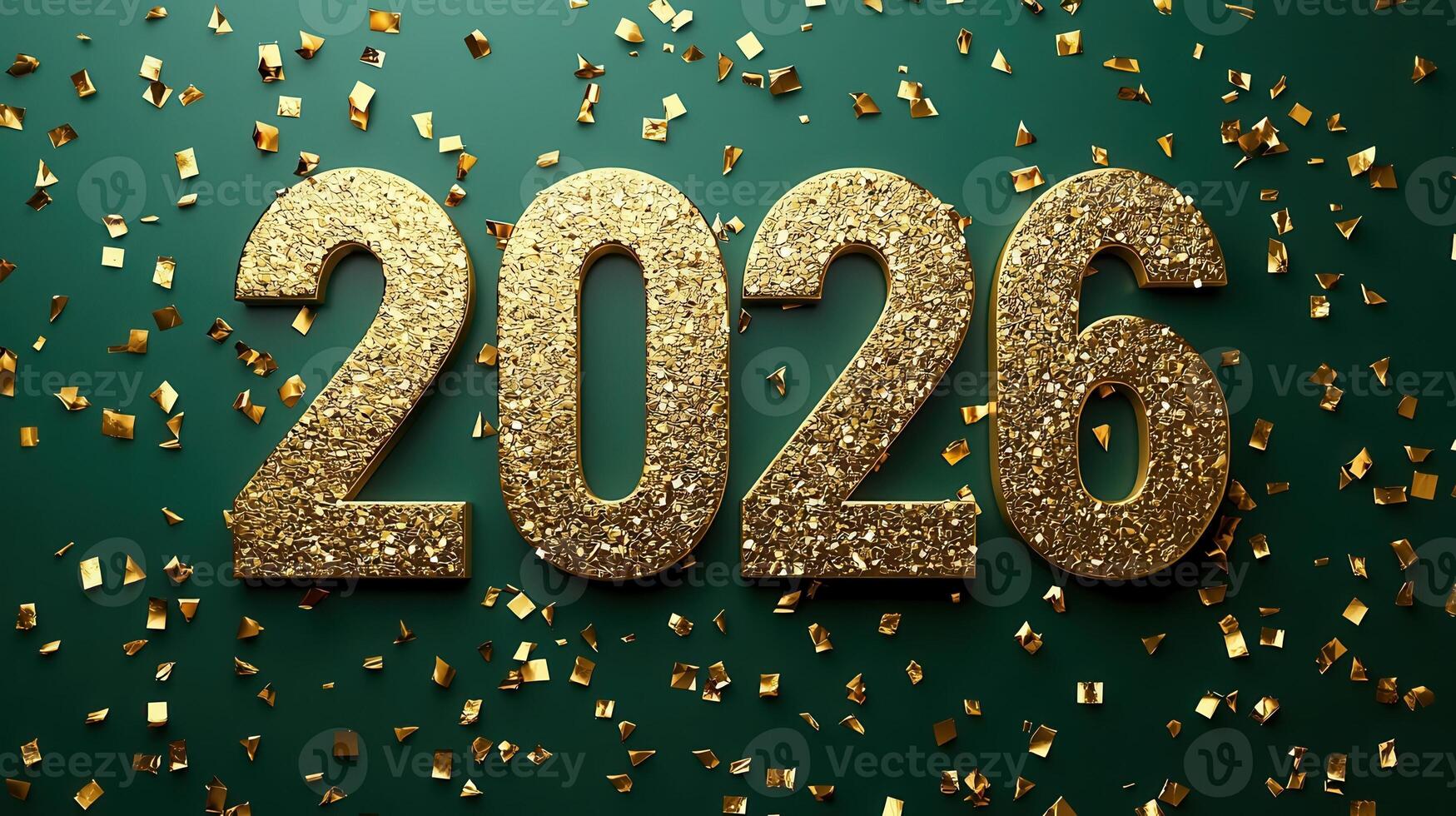 Golden 2026 standing on red glitter with christmas tree lights ornaments bokeh in background, celebrating new year's eve photo