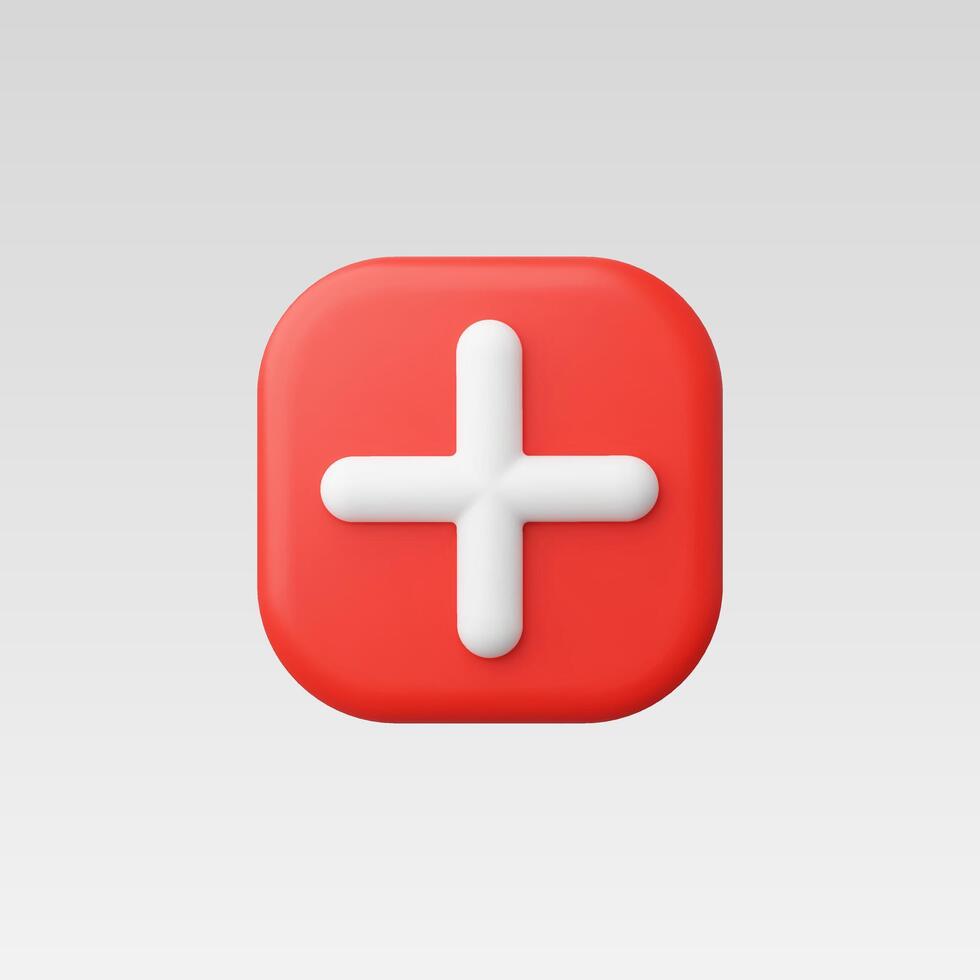 A modern plus icon on a red background, symbolizing addition or health. vector