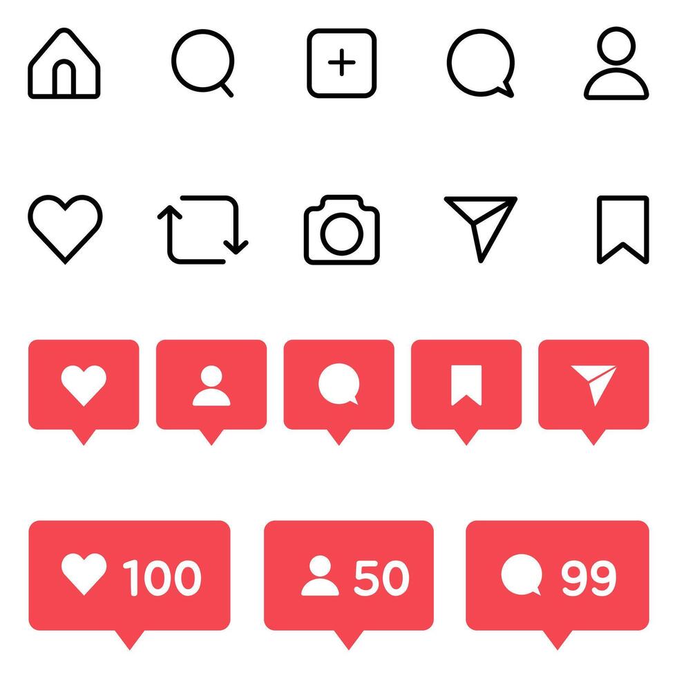 Social media icon notification like comment direct message share signs ui app element graphic vector
