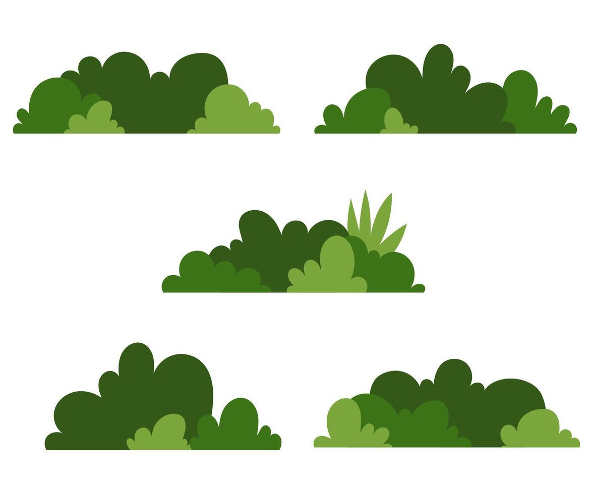 Set of green bush blossom with dense foliage flat design illustration vector