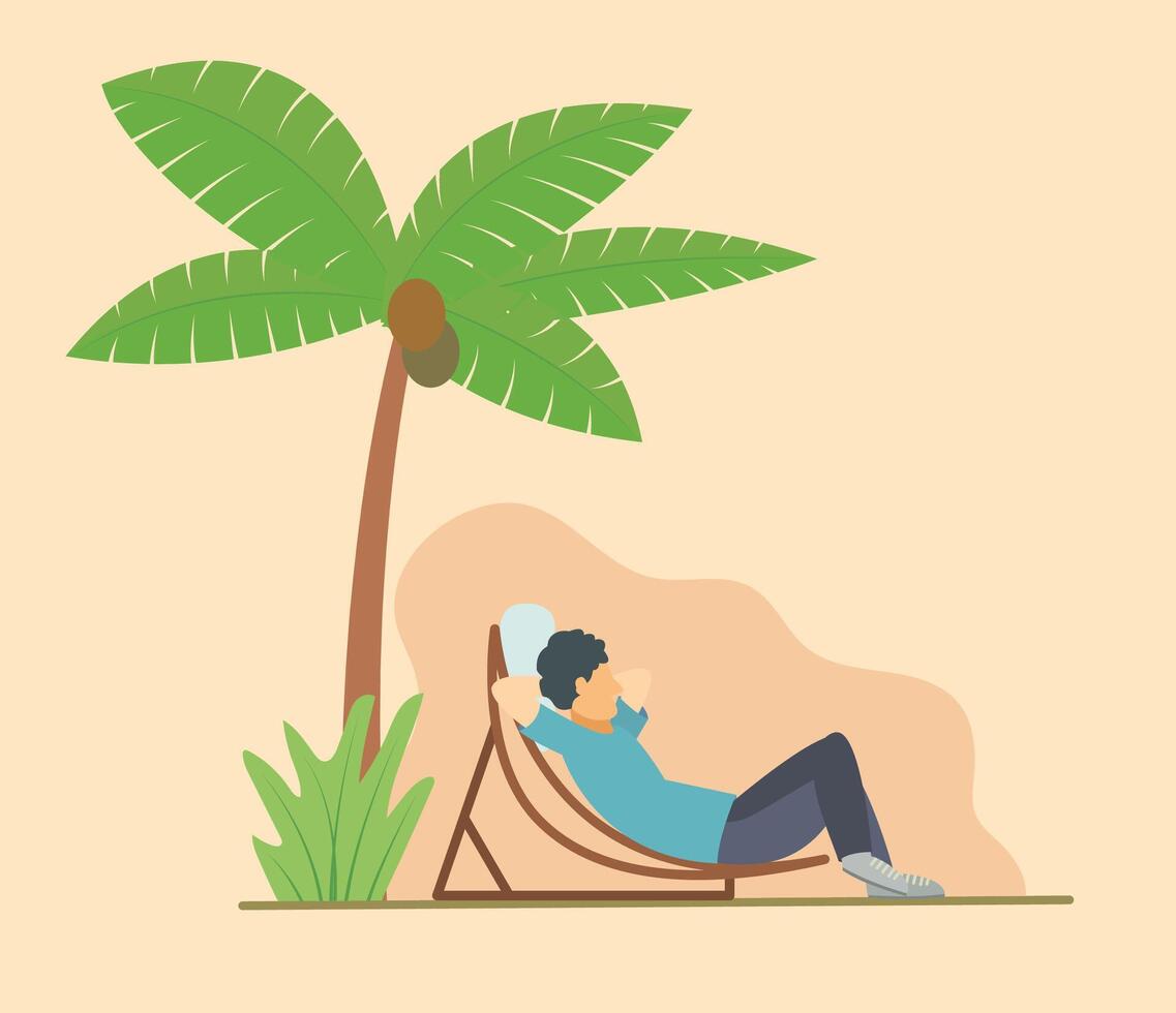 a man relax under the palm tree illustration vector