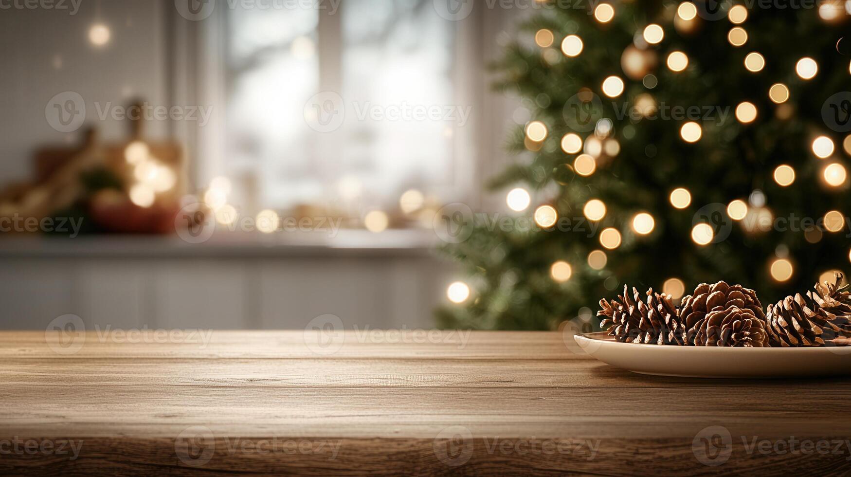 Blurred festive kitchen with displaying tree lights creating a warm holiday atmosphere, ideal christmas for products or food photo