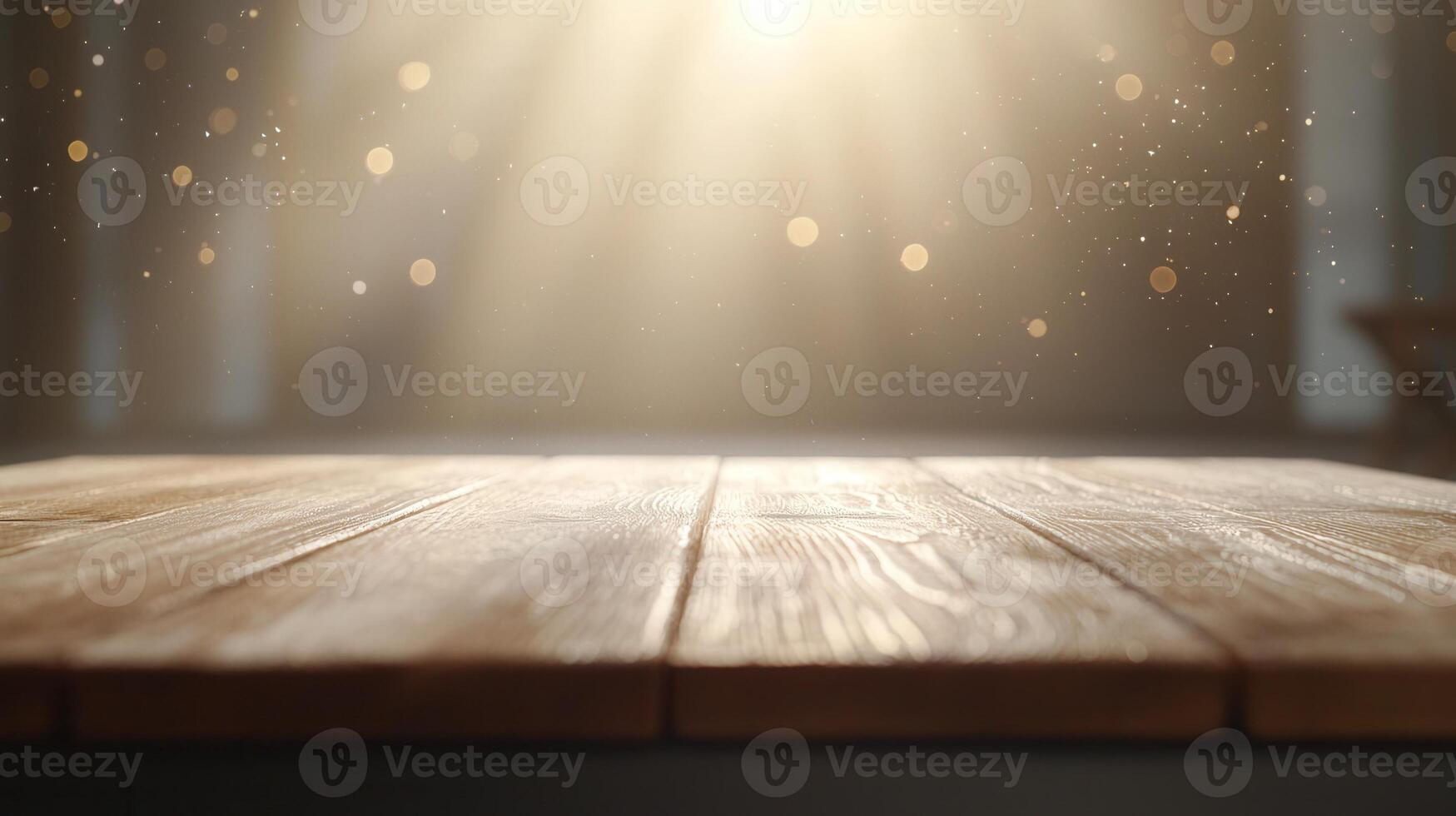 Empty wooden floor with peaceful light from window in blurred background creates illuminated and minimalist atmosphere photo