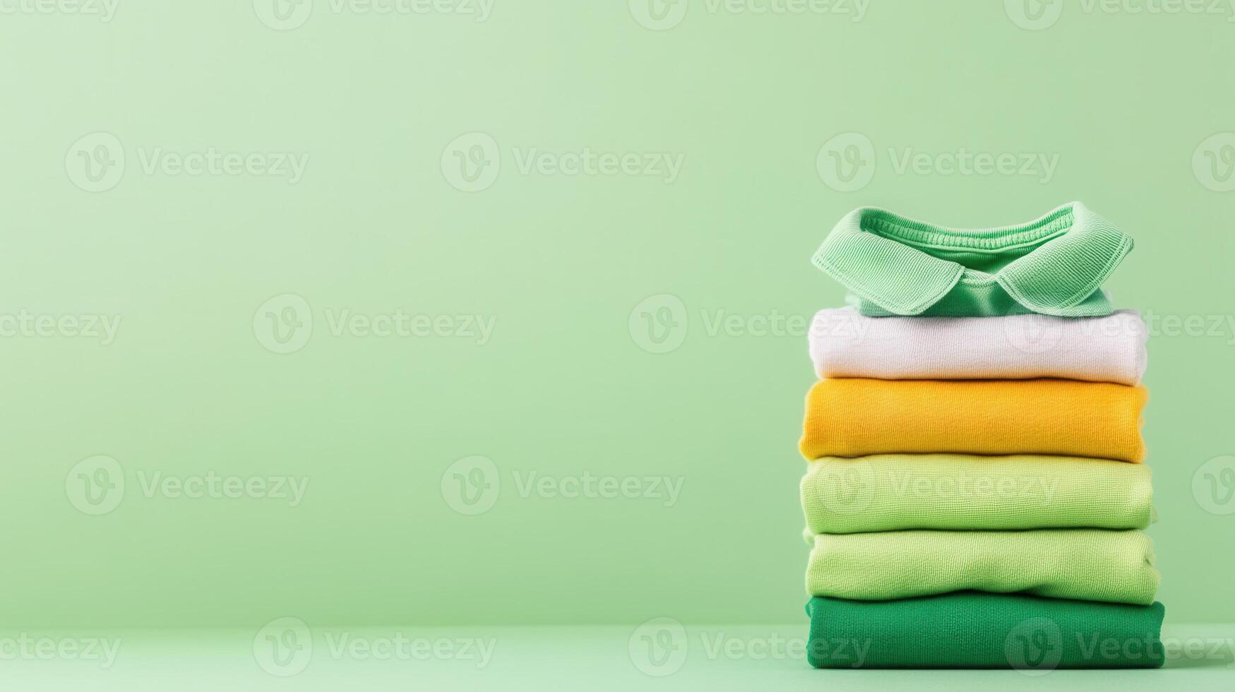 Colorful baby clothes neatly folded and a creating stacked, visually appealing arrangement against a vibrant green background photo