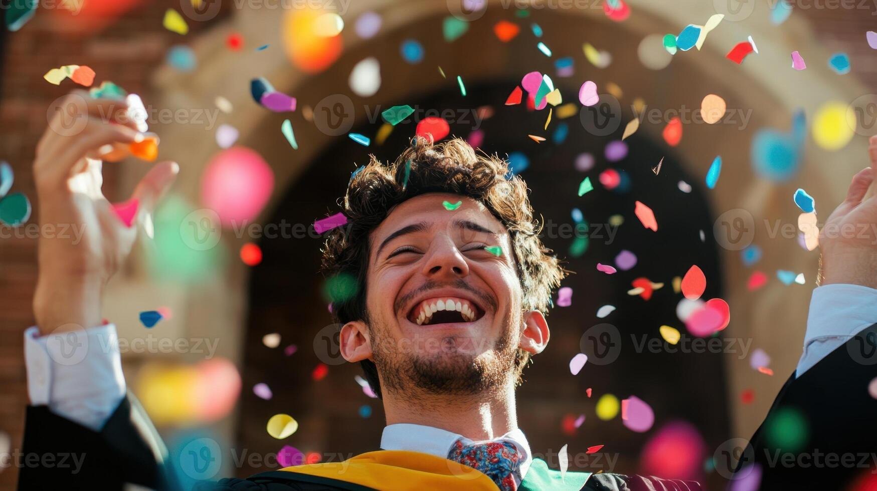 Jubilant graduate in cap and gown academic success, surrounded by colorful confetti falling during commencement photo