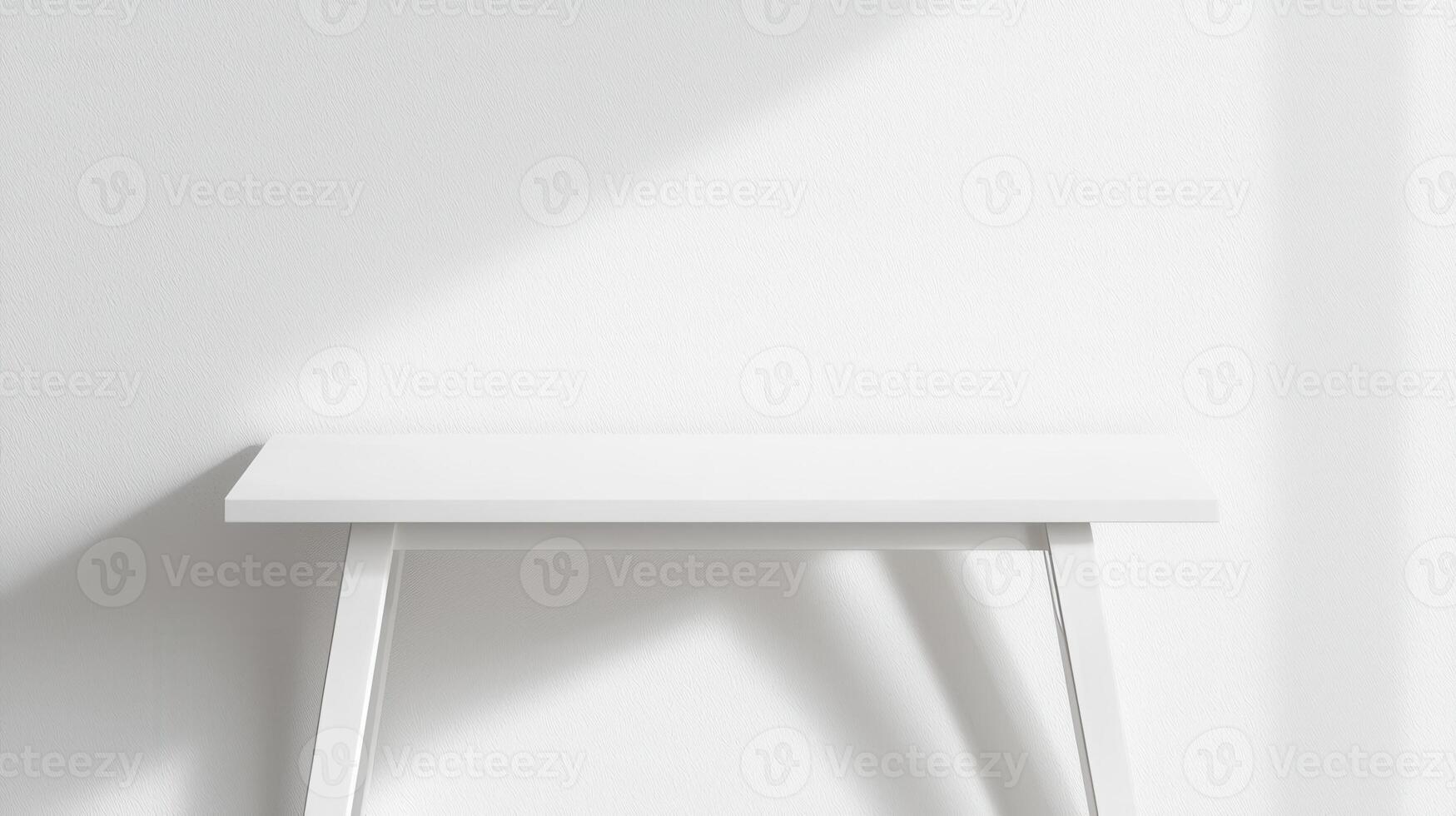 Empty creating table standing in minimalist white with window light casting shadows on white wall, room serene atmosphere photo