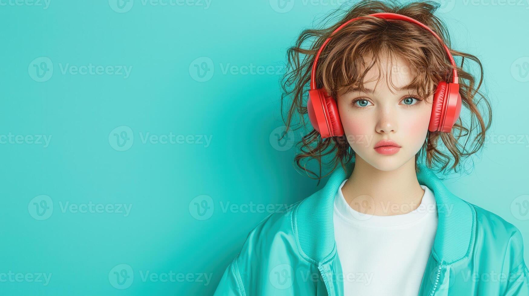 Trendy woman with dreadlocks listening to music, wearing red headphones against bright turquoise wall photo