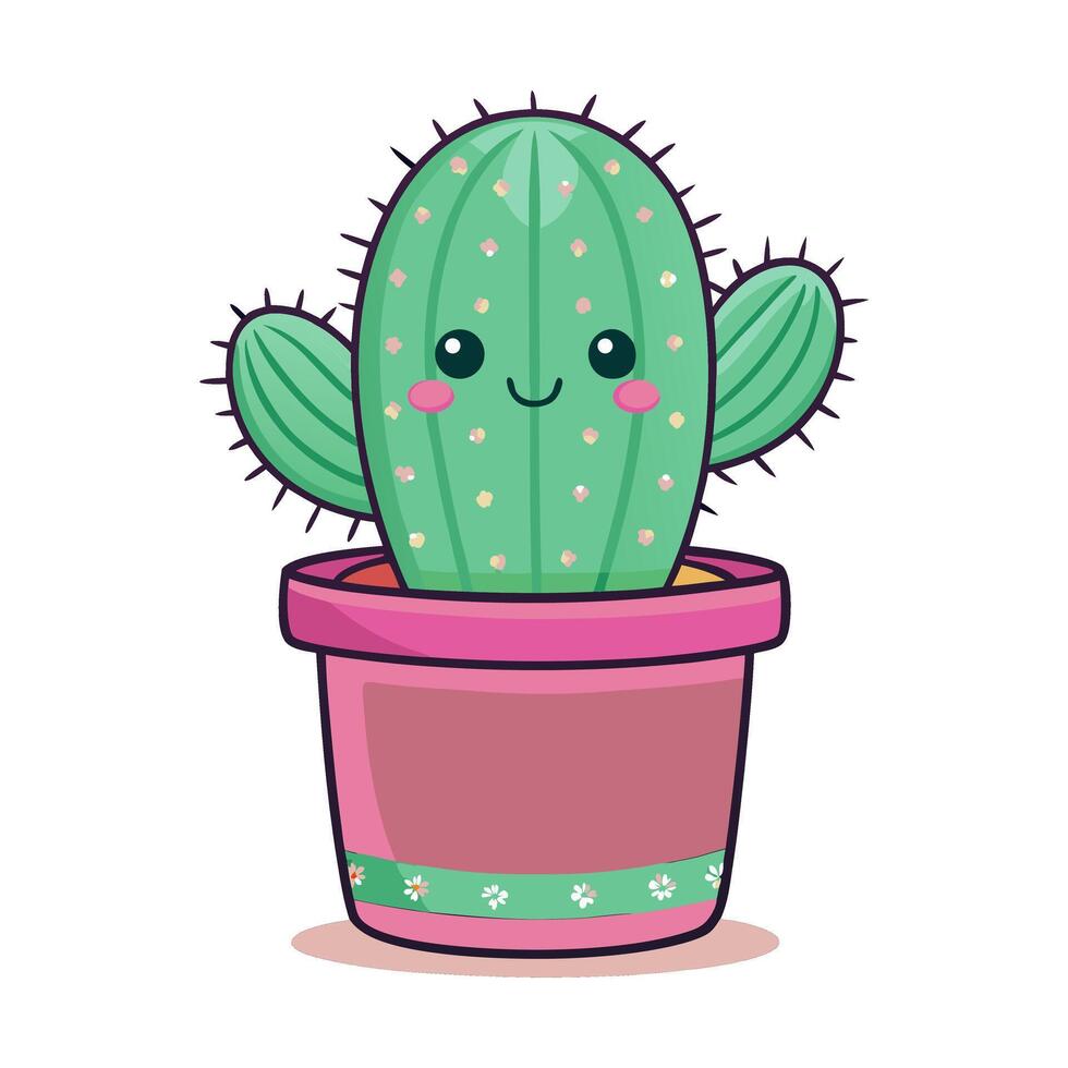 A cute cactus with a happy face, drawn in kawaii style and placed in a flower pot vector