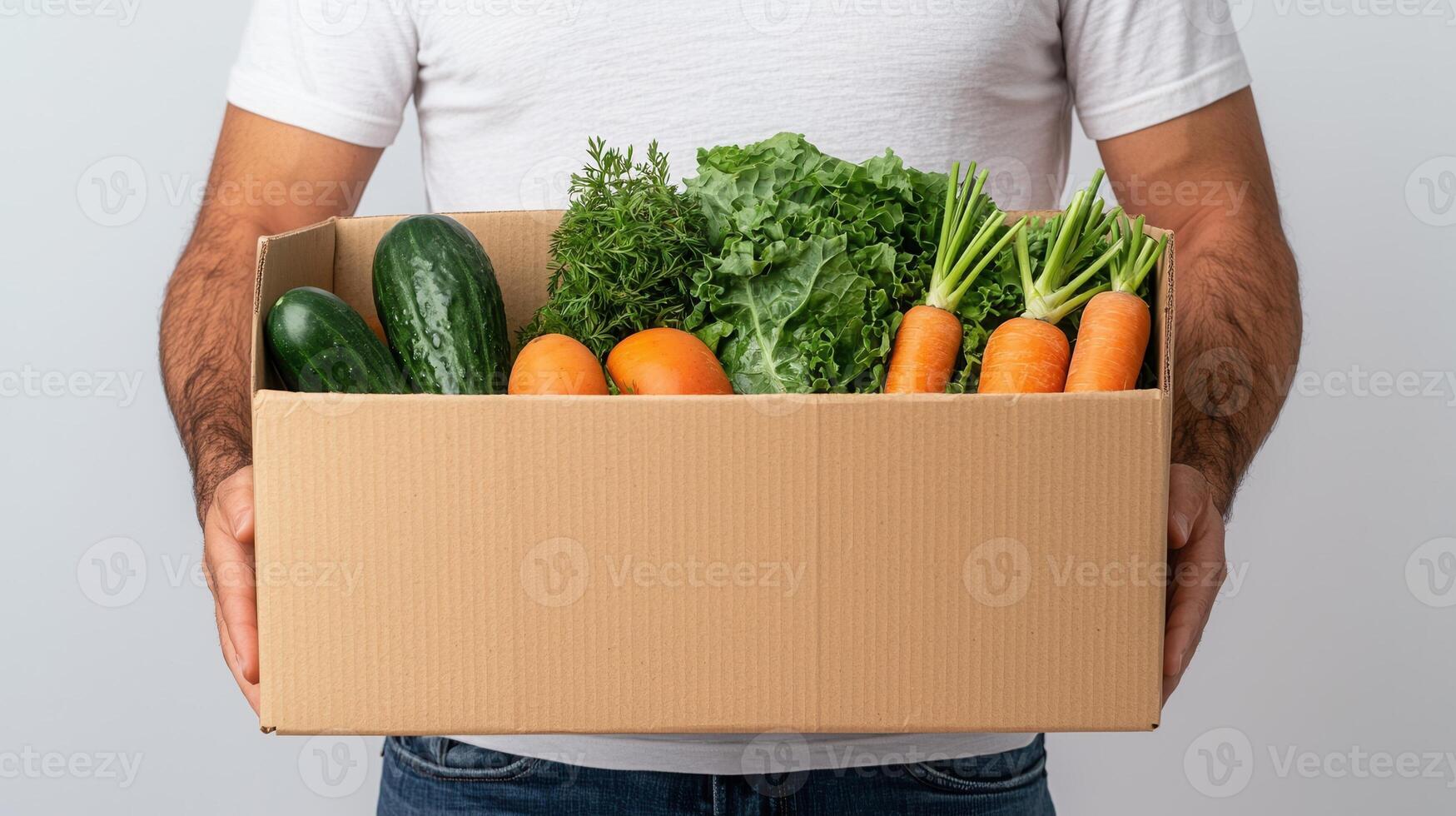 Delivery transporting cardboard box with fresh organic produce for home delivery photo