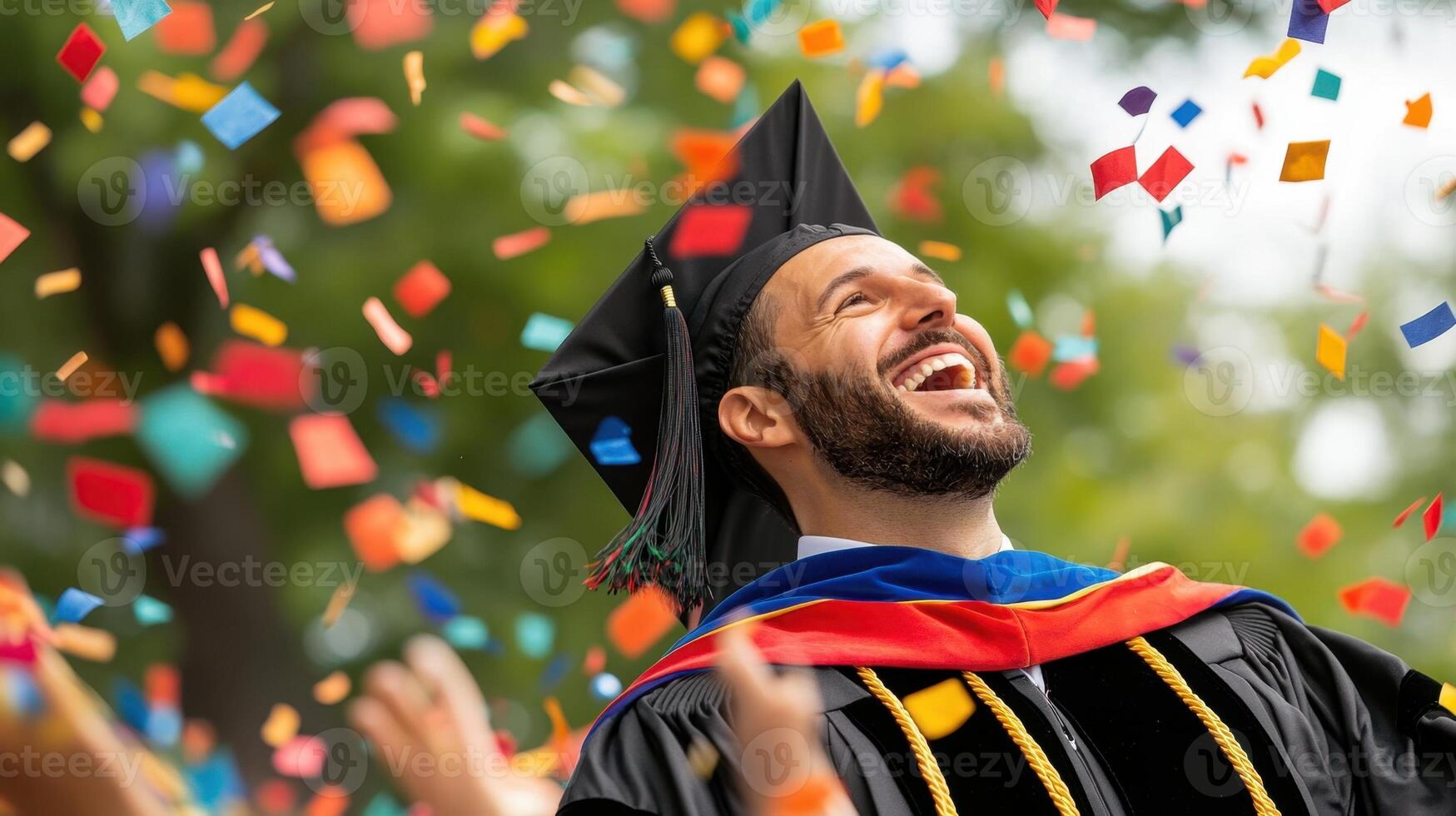 Jubilant graduate in cap gown celebrating academic success, surrounded by colorful confetti falling during commencement photo