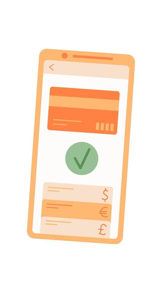 A smartphone displays a payment app with a check. A mobile device shows simple transaction screen with check icon. The user interacts the app for digital payment, flat design concept for e usage. vector