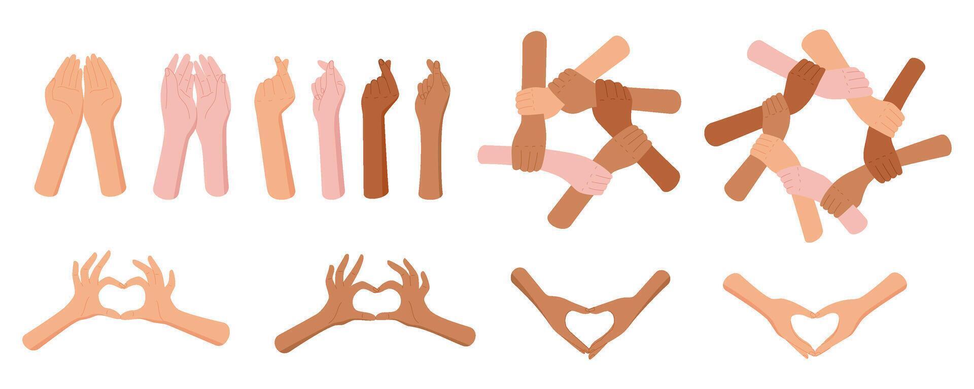 Flat set of heart gestures with diverse bare hand shapes symbolizing k-pop and love. Multicultural and community symbol of solidarity, unity, care. Creative art for cultural, social, charity themes, vector