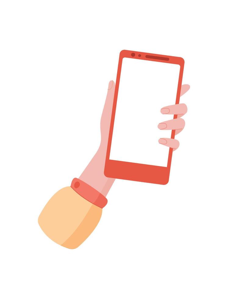 Smartphone held in a hand with a blank screen. A user holds mobile phone featuring digital template. This contemporary smartphone serves various applications, flat style, ideal for web and app vector