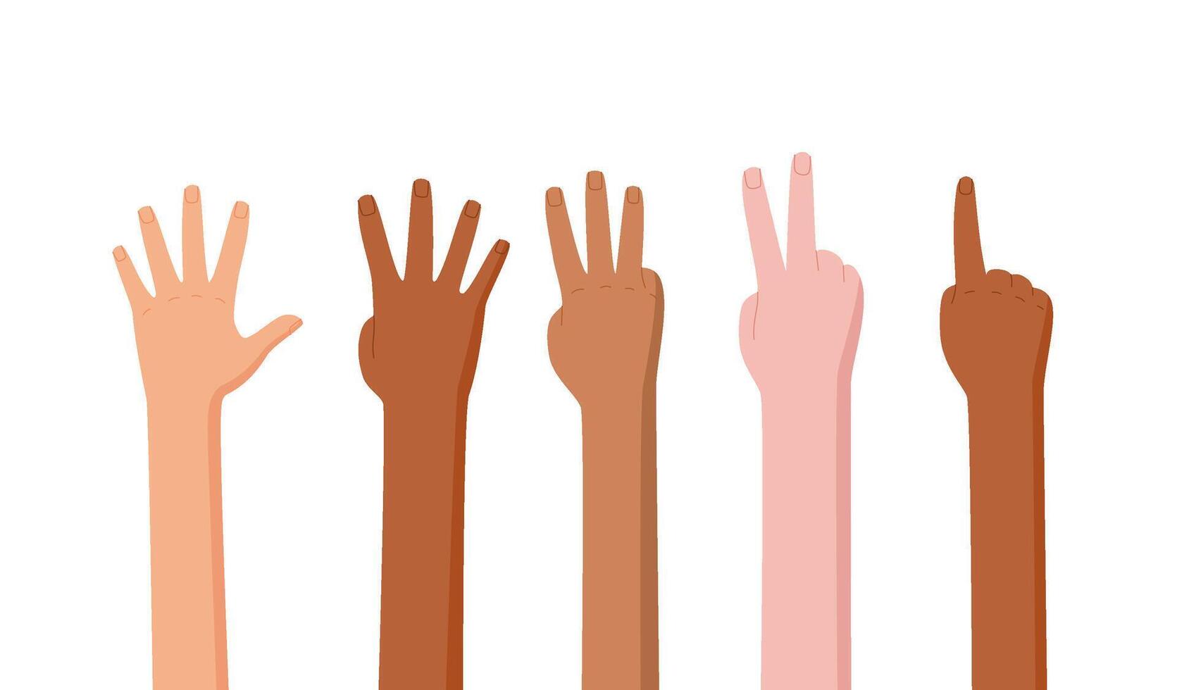 Cartoon hand count gesture set in flat style. Bare arms stretch showing finger positions for counting. Various fingers depict numbers in a cartoon character format, ideal for basic math education. vector