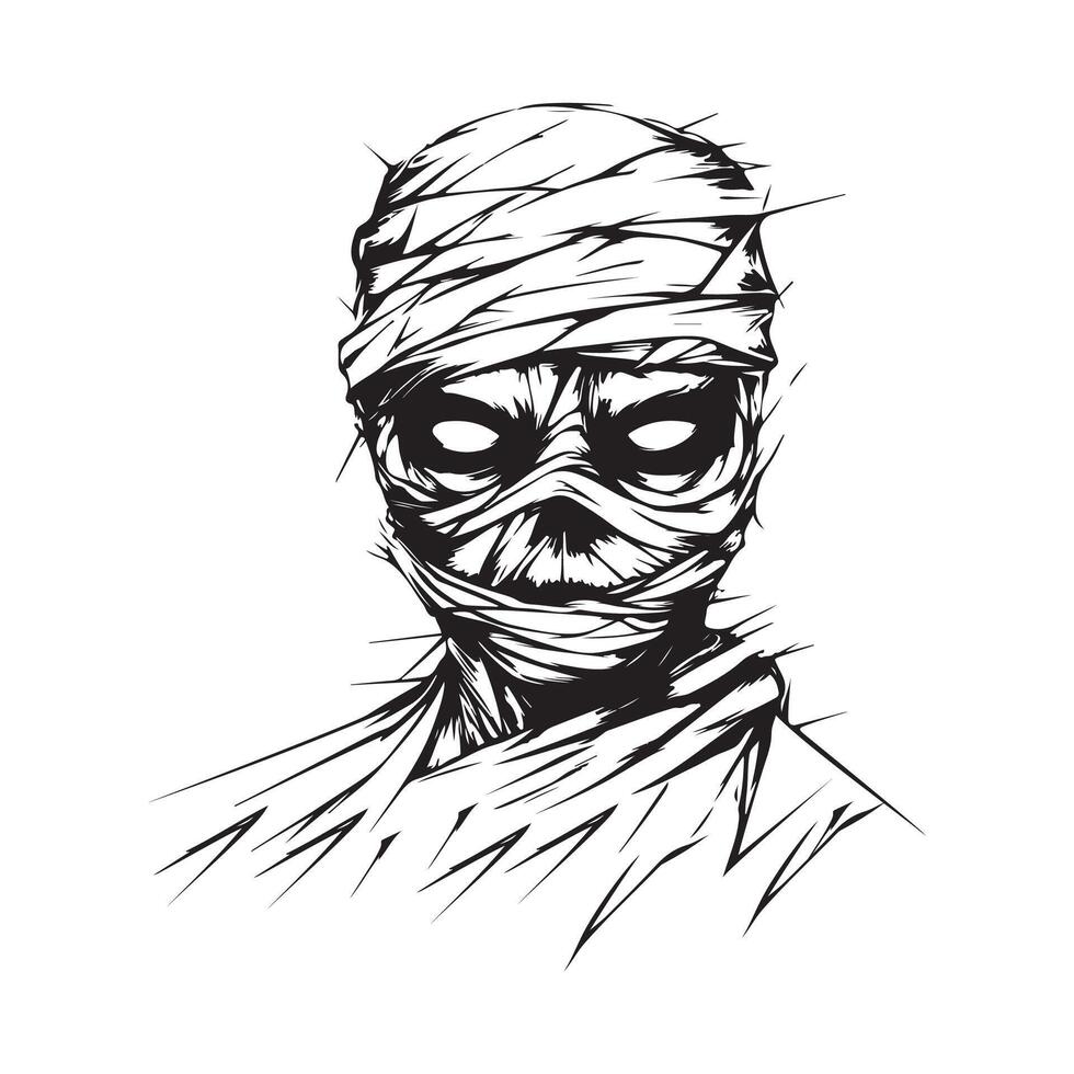 Black and White Portrait Scary Mummy image isolated on white background. vector