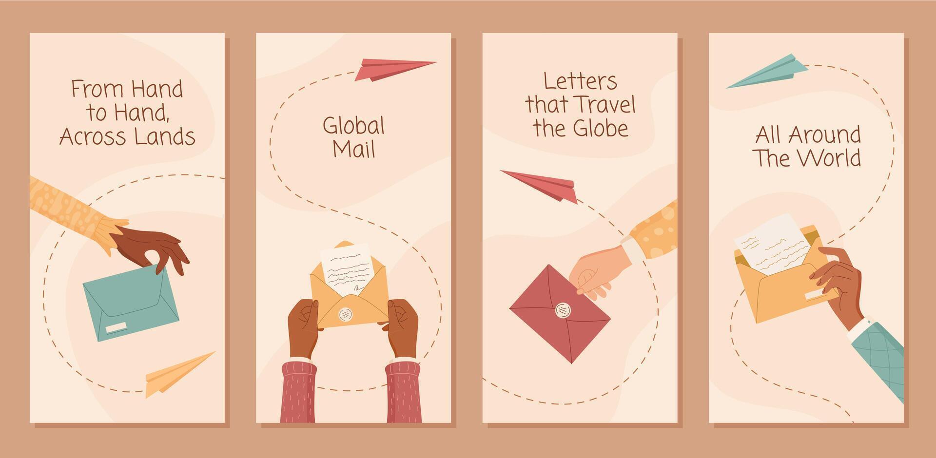 Creative cartoon banner of hands with envelope set. Social media stories highlight mail communication and customer satisfaction. Review and survey concept with modern set for service client use in vector