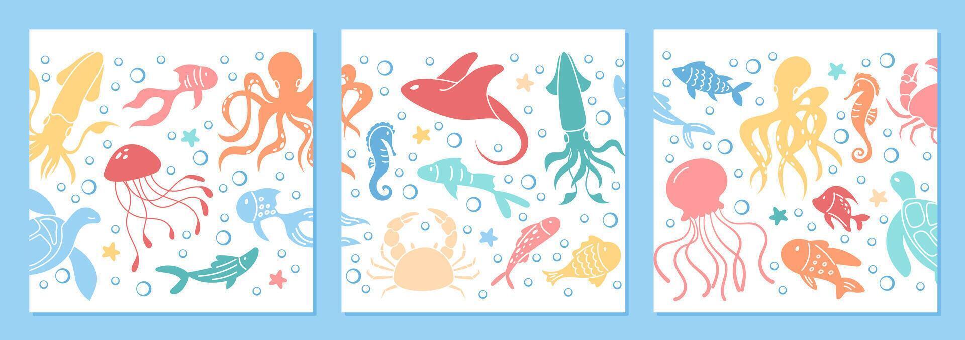 Underwater sea creature background design collection. Includes vibrant illustrations of various marine life such as jellyfish, octopus, and crabs amidst a richly depicted reef environment. vector
