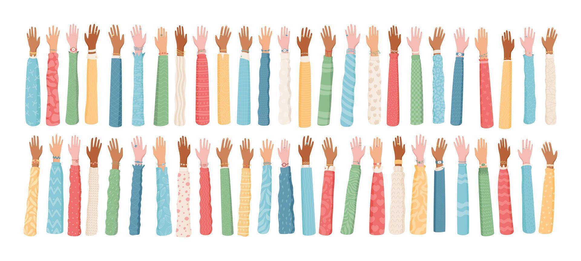 Colorful set of raised open hands in flat style. Multicultural and diverse people raise hands with solidarity and support. Abstract gestures symbolize unity, aid, community in creative format. vector