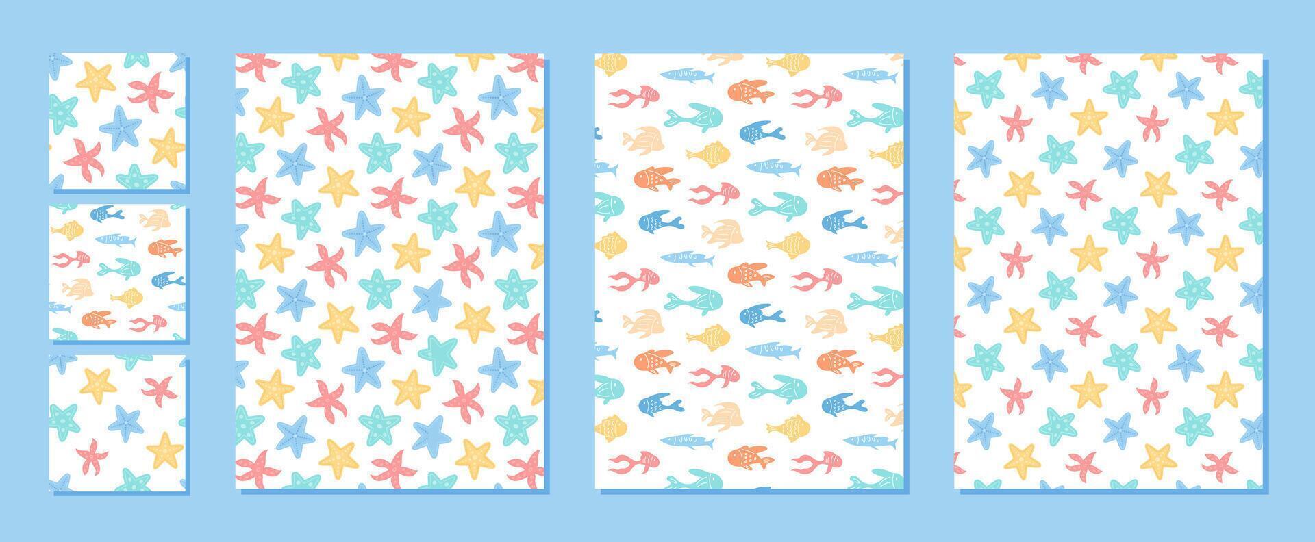 Underwater seamless cartoon pattern set in flat style. Repeated starfish and fish shapes create colorful ocean and marine graphics. Perfect for aquatic summer backgrounds or decorative designs. vector