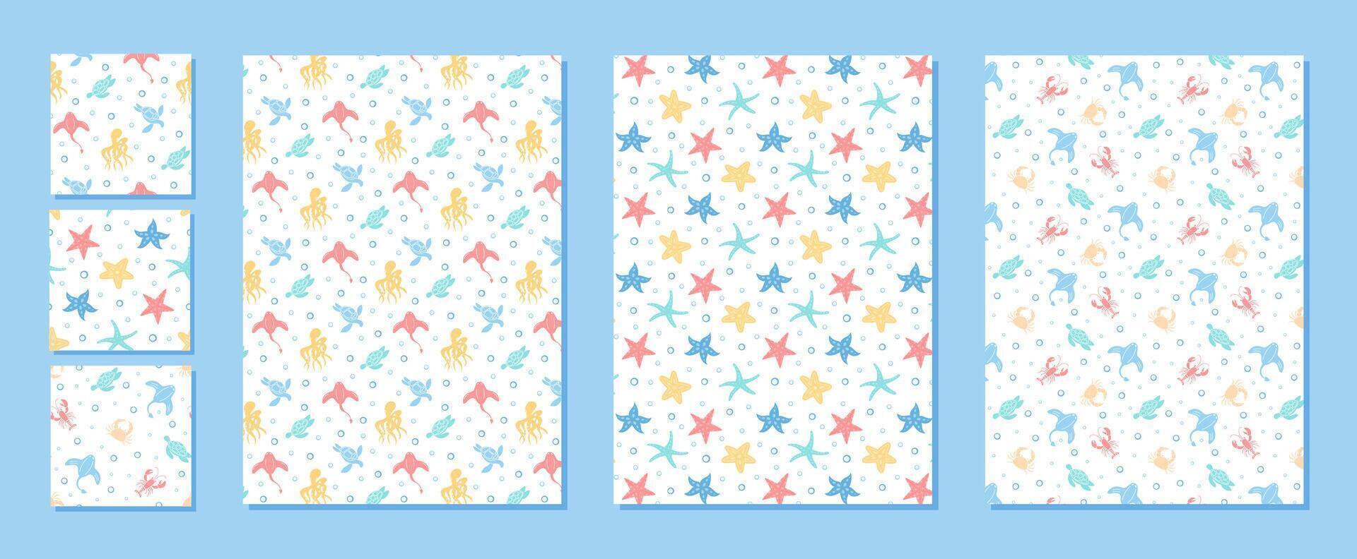 Seamless underwater marine life set in flat cartoon graphic style pattern. Featuring starfish, crabs, and octopuses across an aquatic pattern. Vibrant marine design highlights ocean life concepts for vector