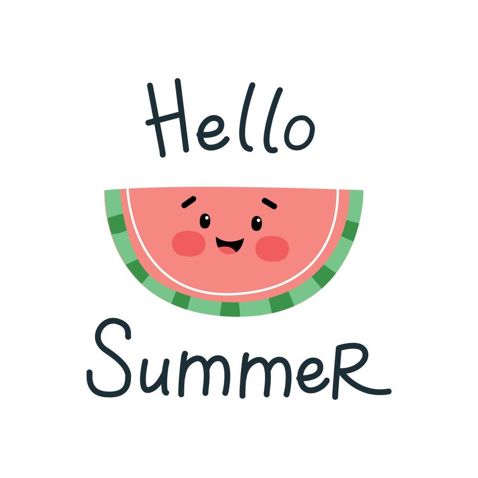 Cute watermelon illustration with hello summer text. Perfect for kids and seasonal designs. Fun and playful summer illustration. vector