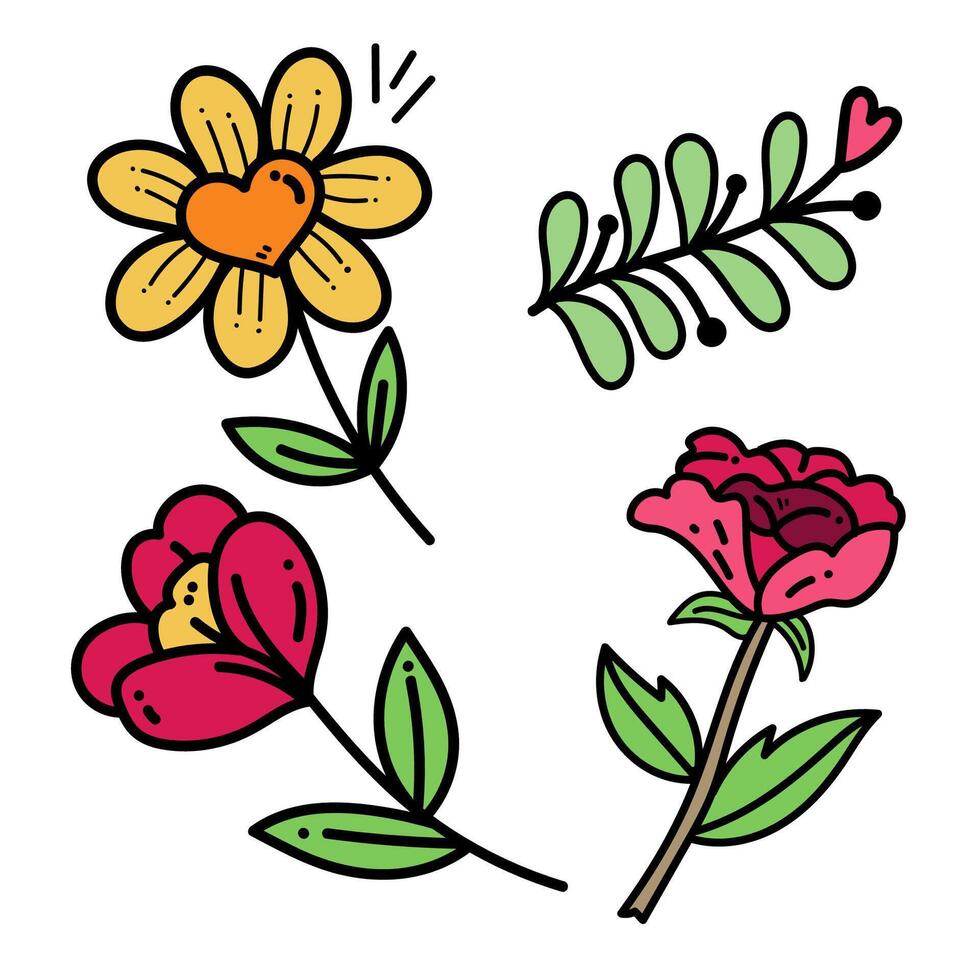 Four different flowers and leaves on a white background vector