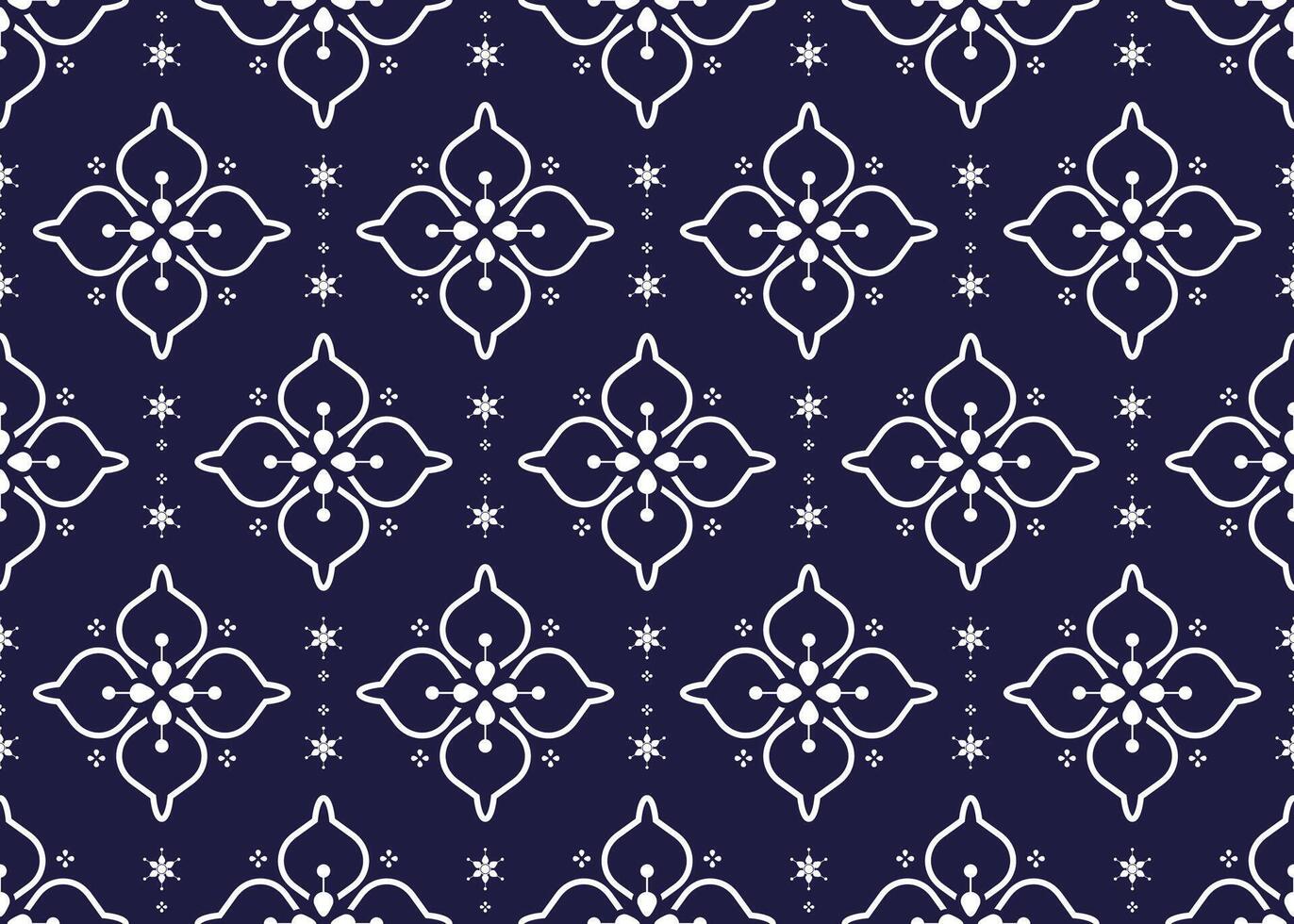 ethnic fabric seamless pattern, with white floral on dark blue background, design for cloth, carpet, batik, wallpaper, wrapping etc. vector