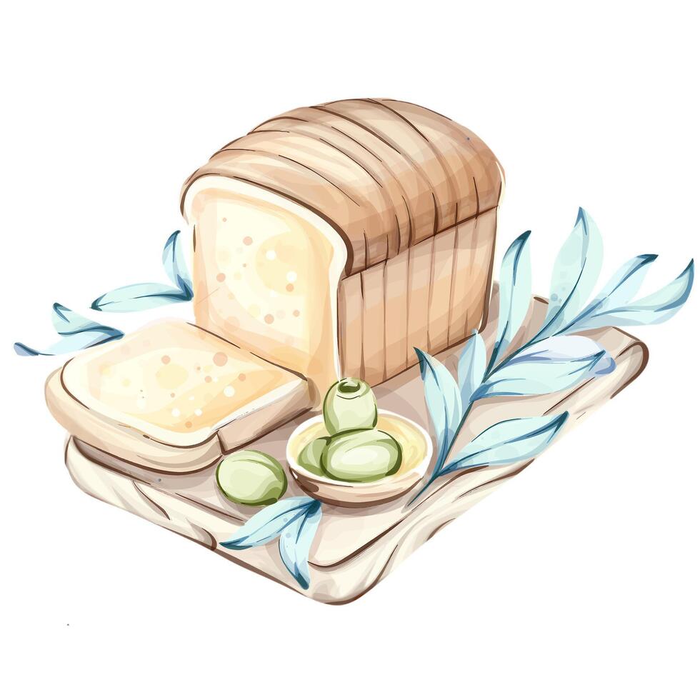 A delightful assortment of olives and bread in a watercolor style inspired by Italian cuisine vector