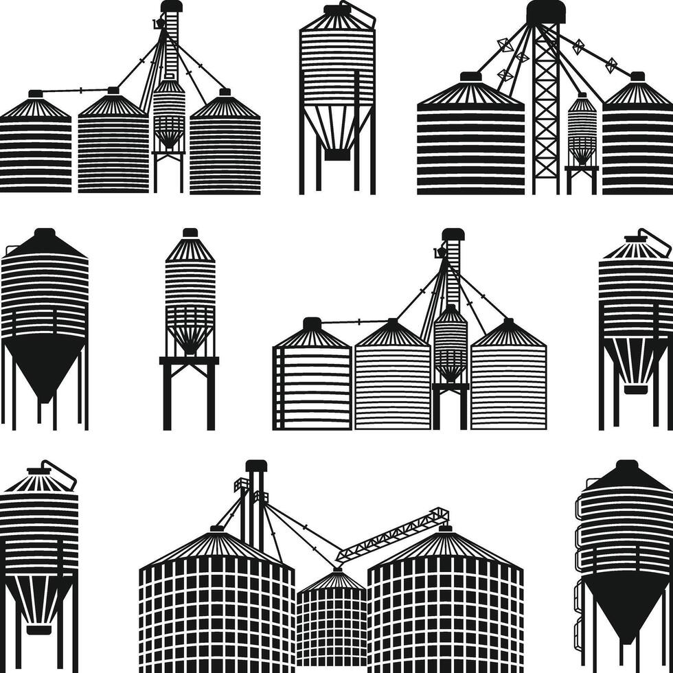Grain Bin Icons, Grain Silos Industrial, Feed Bin Silhouette, Grain Elevator, Grain Bin Silhouette Illustration, vector