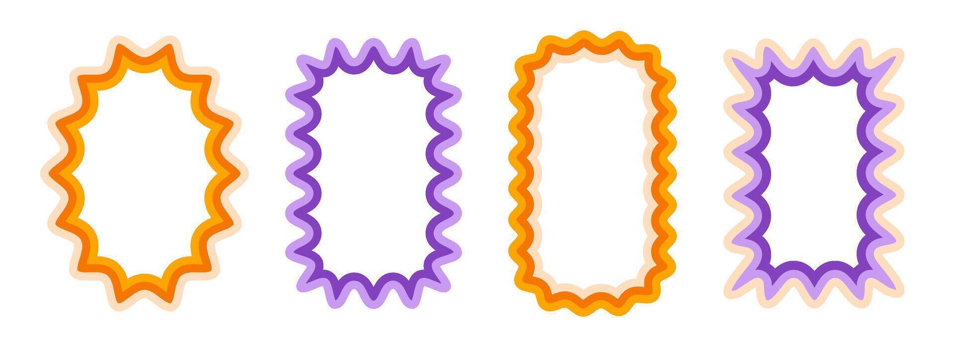 Retro wave pattern frame set. Scalloped rectangle and ellipse border collection. Wavy edge shapes in 80s style for decoration, text box, copy space, poster, banner. Vintage wiggly element pack vector