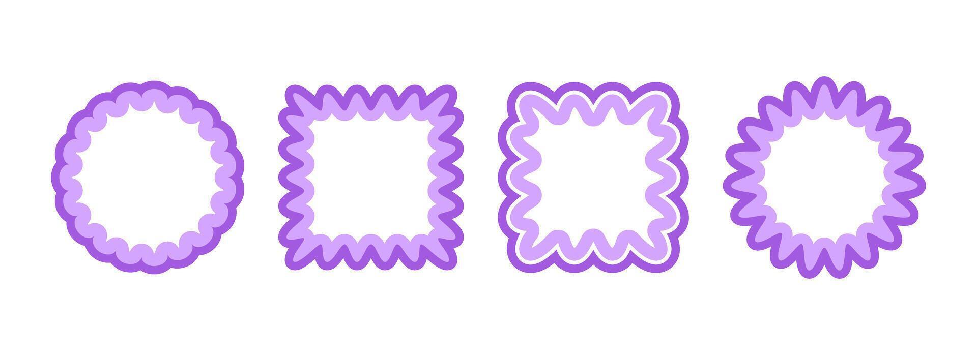 Cute frill pattern frame set. Purple scalloped circle and square border collection. Soft wavy lace edge shapes in rococo style for decoration, poster, banner. Girly coquette element pack. vector
