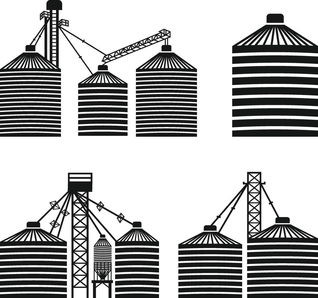 Grain Bin Silhouette, Grain Silos Industrial, Feed Bin Silhouette, Grain Elevator, Grain Bin Silhouette vector