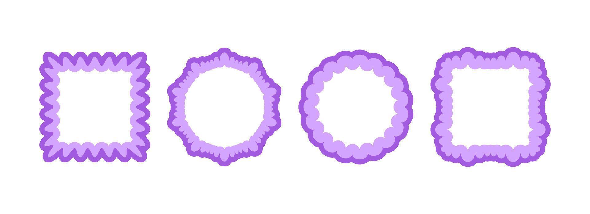 Cute frill pattern frame set. Purple scalloped circle border collection. Soft wavy lace edge shapes in rococo style for decoration, poster, banner, brochure. Girly coquette round element pack vector