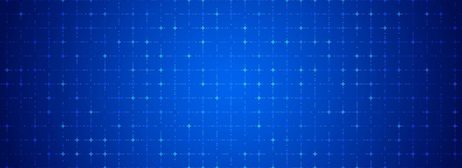Blue glowing grid background. Cross dots tech square network backdrop. Abstract checkered dashboard pattern for science, technology, business, healthcare, medicine design template. vector