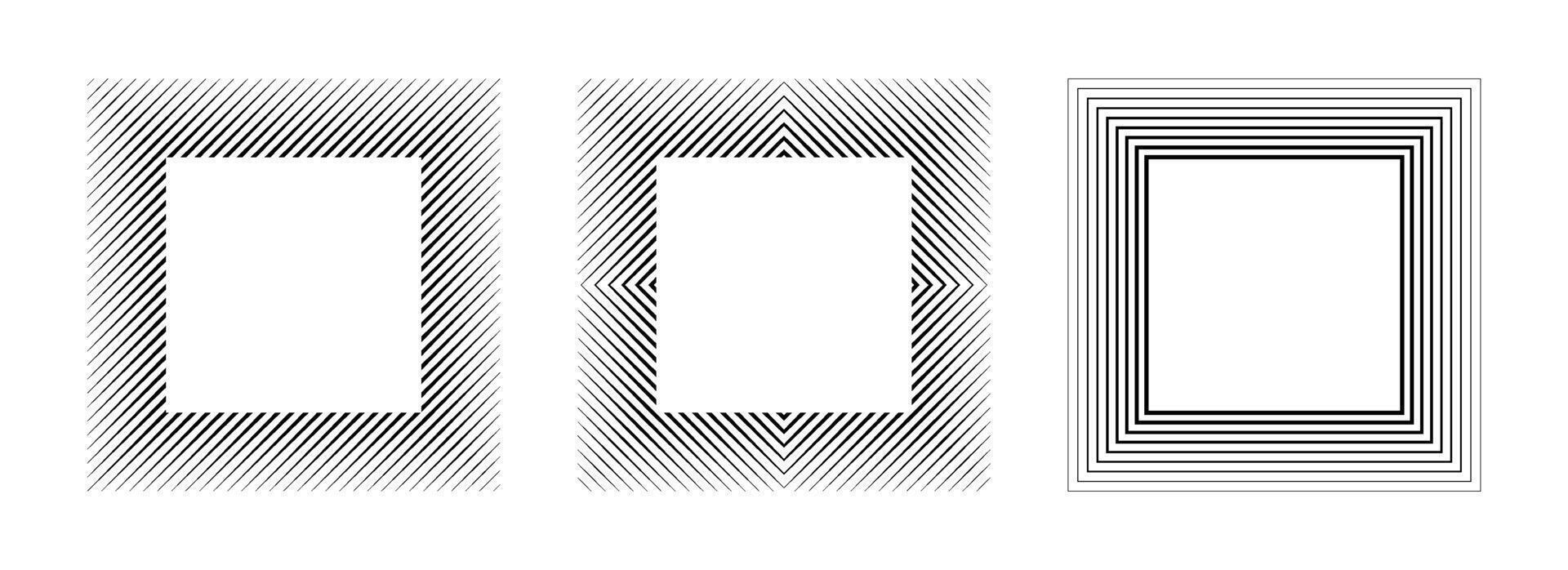 Minimalist black linear square frame set. Striped geometric border collection Thin overlap line picture frame bundle. Simple boarder element pack for photo, cadre, poster, card, decor vector