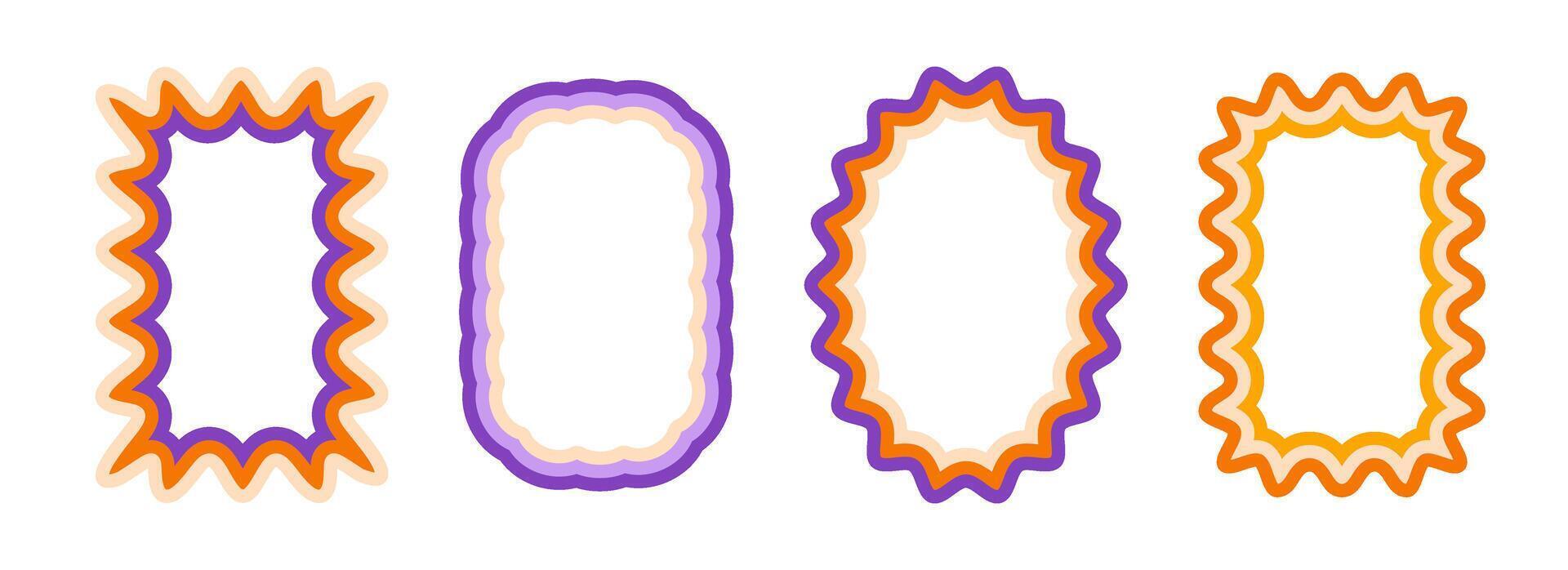 Retro wavy pattern frame set. Scalloped ellipse and rectangle border collection. Wavy edge shapes in 60s or 70s style for text box, copy space, poster, banner. Vintage wiggly element pack. vector