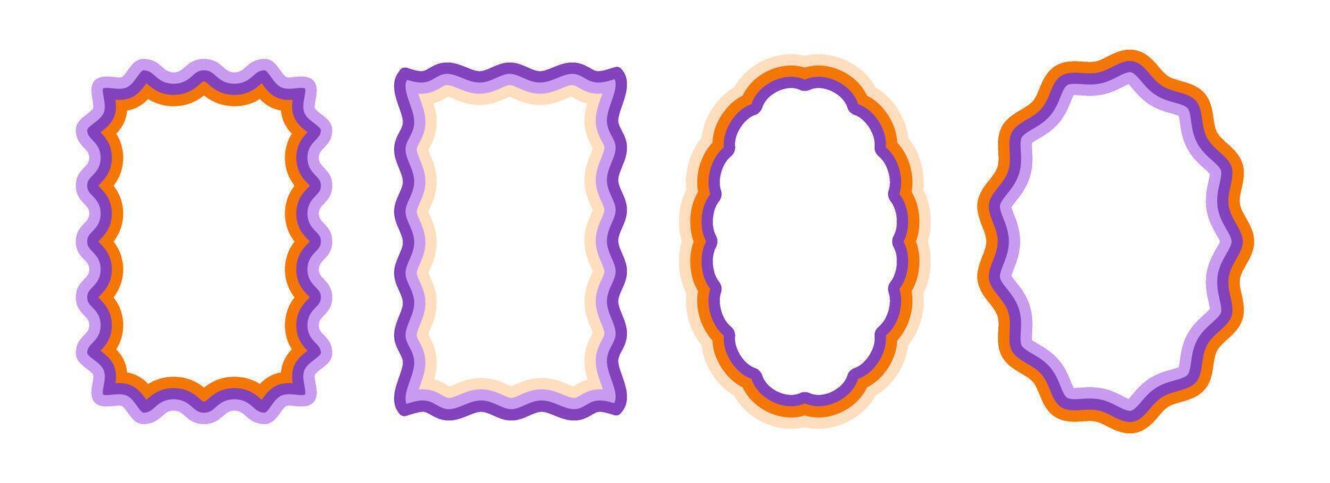 Retro wavy pattern frame set. Scalloped ellipse and rectangle border collection. Wavy edge shapes in 70s or 80s style for text box, copy space, poster, banner. Vintage wiggly element pack. vector