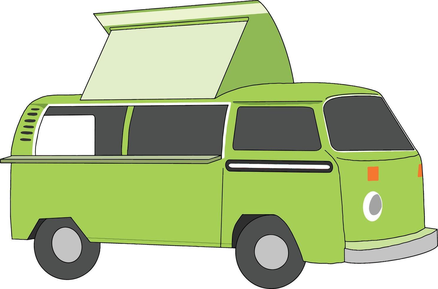 Vintage Volkswagen food truck in hand-drawn style, perfect for retro street food themes, cafe branding, and creative culinary visuals. Isolated and easy to use vector
